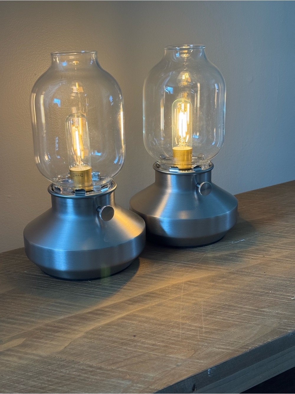 IKEA Silver Metal Table Lamps with Clear Glass Shades (Pair)